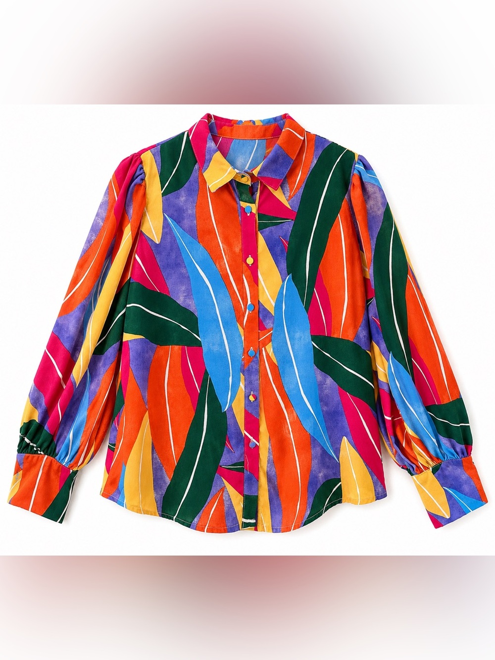 Colorful Abstract Print Button Front Blouse XL | Lightweight Long Sleeve